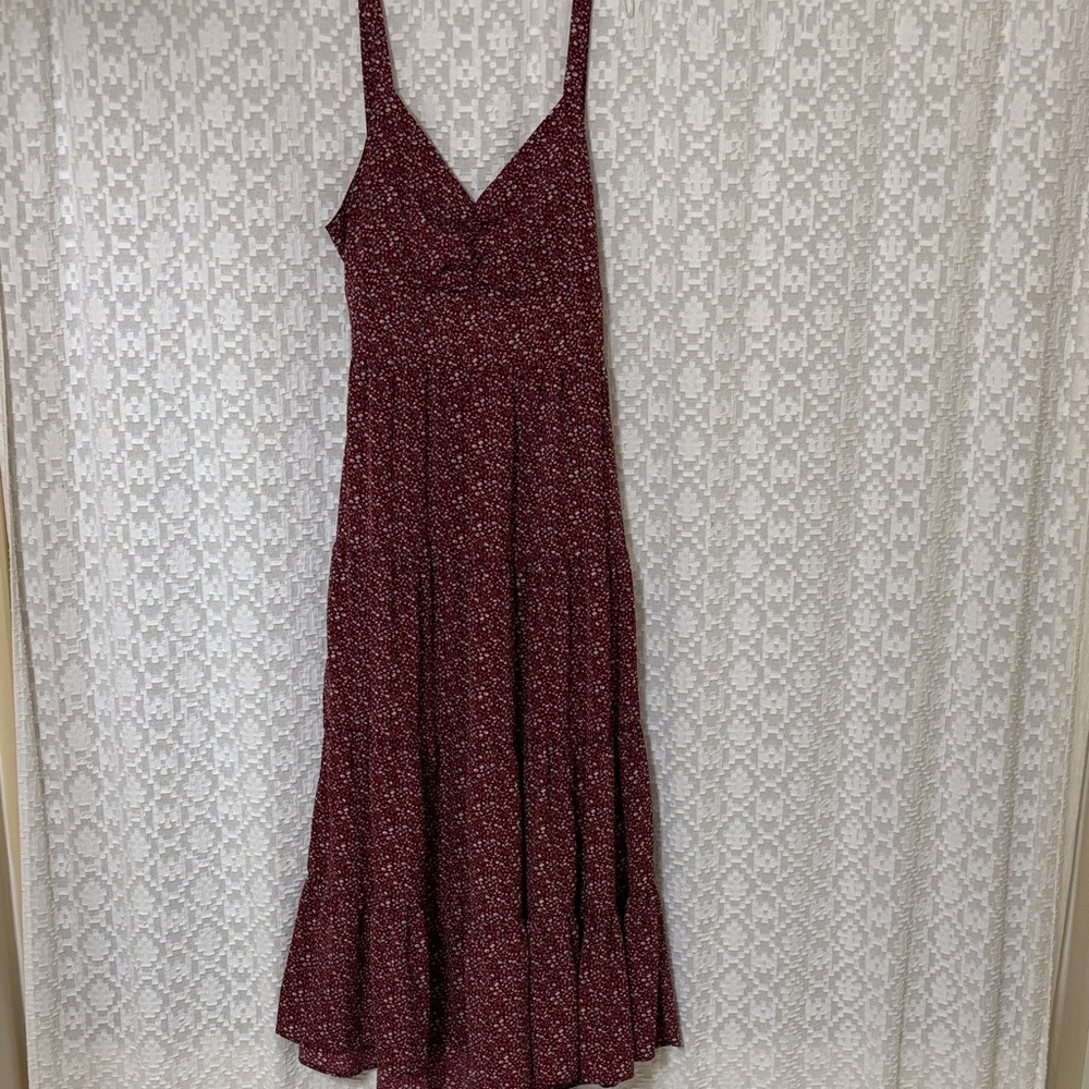 Burgundy Floral Maxi Midi Tiered Tie-back Dress